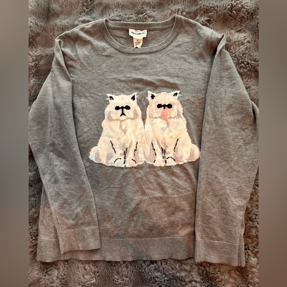 For The Republic Gray Sweater with Cat Design